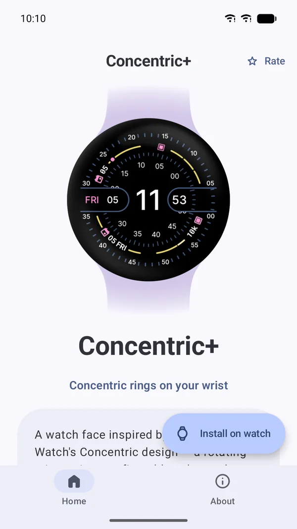 The Concentric+ phone app: the watch face and an Install on watch button