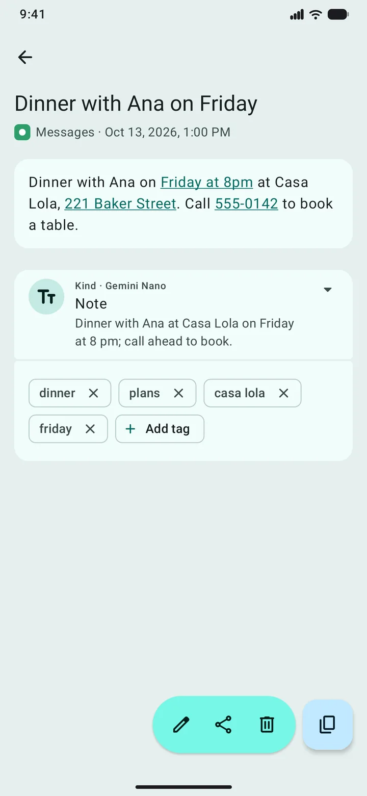 A saved message in Seaglass with Friday at 8pm, 221 Baker Street and 555-0142 underlined as tappable, filed as a Note by Gemini Nano with tags.