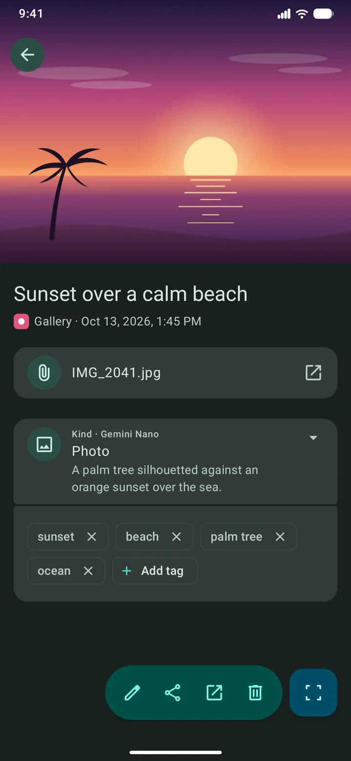 A photo’s screen: the picture, its file, Kind · Gemini Nano: Photo with a caption, and tags.