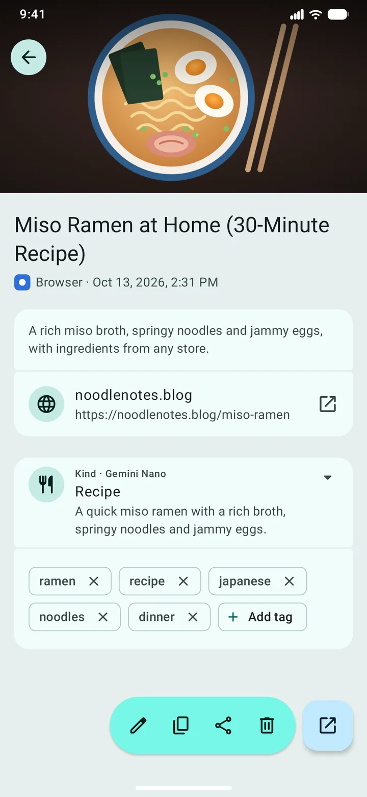 A saved recipe link in Seaglass: the page’s picture and title, its description, the link, then Kind · Gemini Nano: Recipe, with a one-line summary and the tags ramen, recipe, japanese, noodles and dinner.