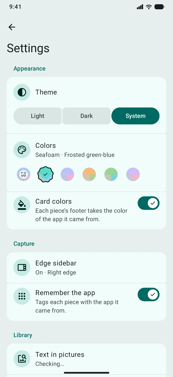Settings: theme, colours, card colours, the edge sidebar, remember the app, text in pictures and link previews.