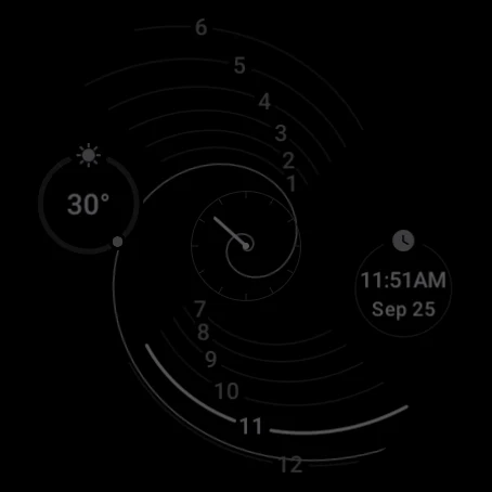 Spiralis in always-on mode with complications, all in dim grey