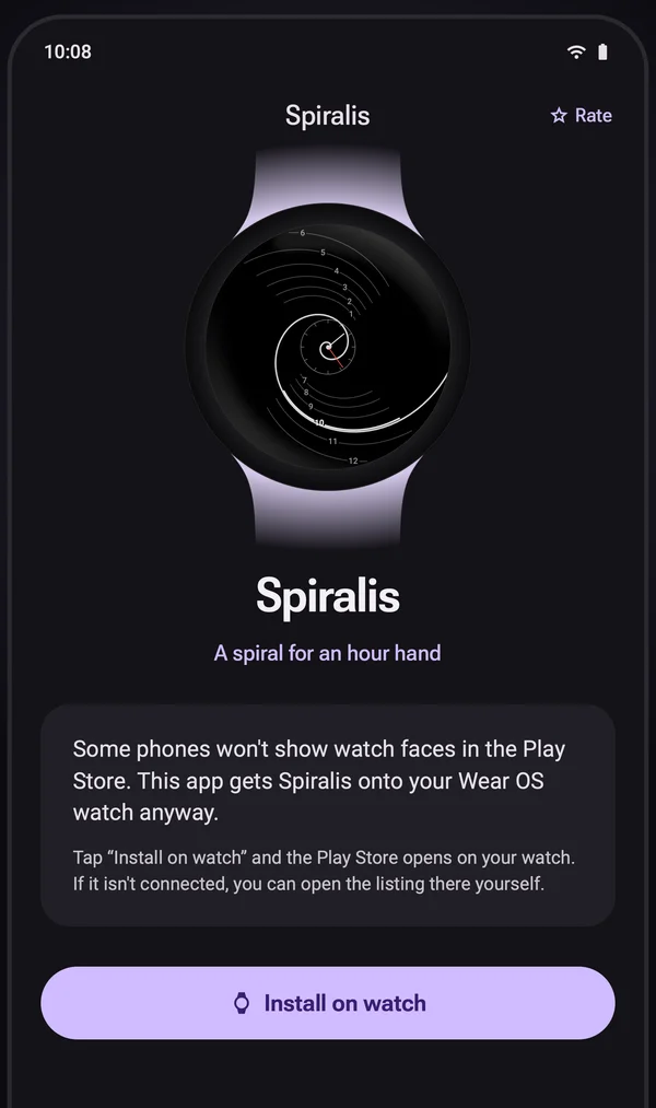 The Spiralis phone app: the watch face on a watch, and an Install on watch button